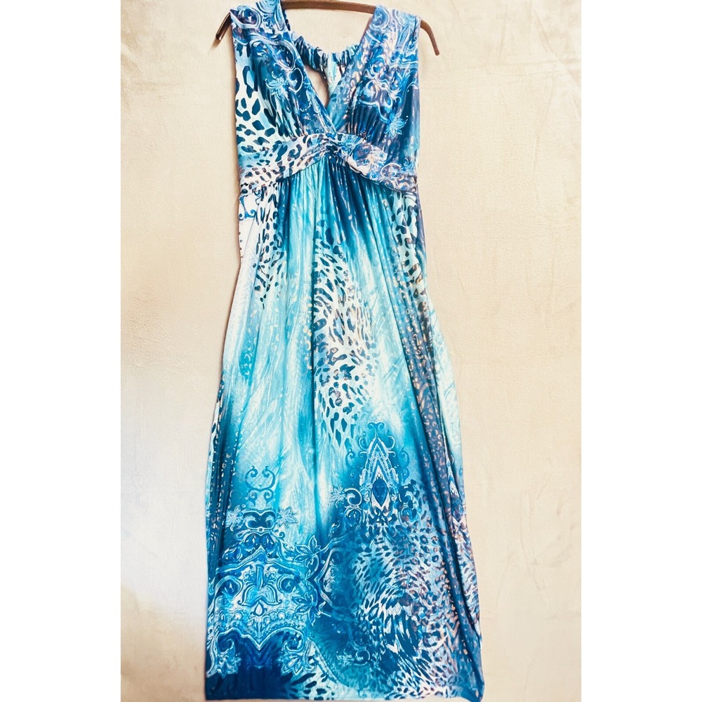 Maxi Dress Womens S/M Aquatic Blue Jacquard‎ Flowing Empire Waist Summer Gown